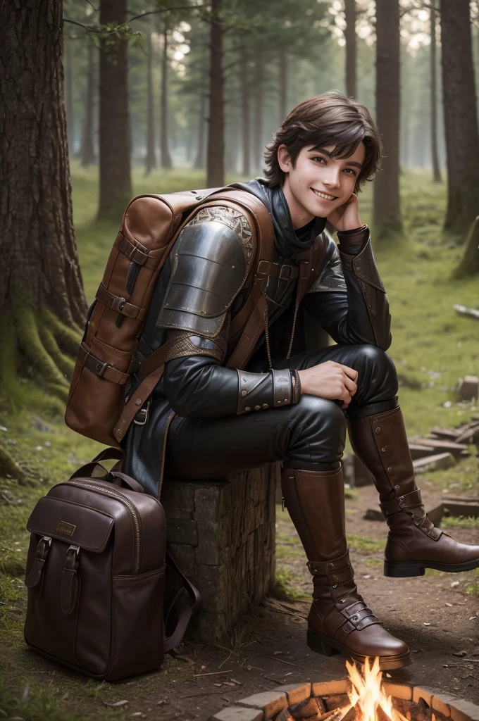 (best qualityer,4K,8K,high resolution,work of art:1.2), ultra detaild, medieval fantasy, age adventurer, boy, bonitas, large backpack, cape, sitting down, camp fire, natta, stele, smiling, leather clothing.