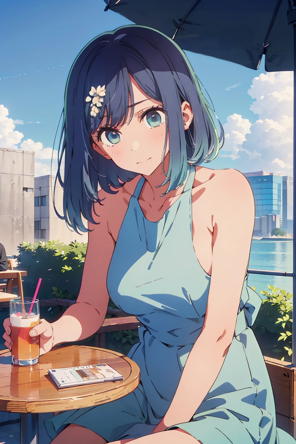 (Highest quality:1.4、masterpiece:1.4、超detailed:1.4、Ultra-high resolution:1.4、Absurd:1.4、Absolute Resolution:1.4、8K:1.4、detailed:1.4)、Slim body、Very white beautiful skin、((((1 person、Surprised expression、sit、Chair、In the background are the urban buildings of Tokyo、looking at the camera、Outdoor café terrace、Navy hair color、juice、table、Get up close and take a photo、Shooting from an angle、Very cute face))))、((((nude、very beautiful areola))))、(Pose with hands tucked behind ears:1.4、Cheek resting on hand:1.4)、(Black off-the-shoulder blouson with zipper)、Very blue sky、A completely cloudless sky、Nipples