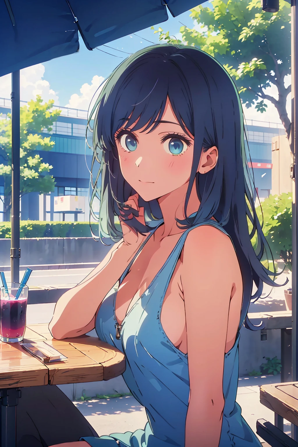 (Highest quality:1.4、masterpiece:1.4、超detailed:1.4、Ultra-high resolution:1.4、Absurd:1.4、Absolute Resolution:1.4、8K:1.4、detailed:1.4)、Slim body、Very white beautiful skin、((((1 person、Surprised expression、sit、Chair、In the background are the urban buildings of Tokyo、looking at the camera、Outdoor café terrace、Navy hair color、juice、table、Get up close and take a photo、Shooting from an angle、Very cute face))))、((((nude、very beautiful areola))))、(Pose with hands tucked behind ears:1.4、Cheek resting on hand:1.4)、(Black off-the-shoulder blouson with zipper)、Very blue sky、A completely cloudless sky、Nipples
