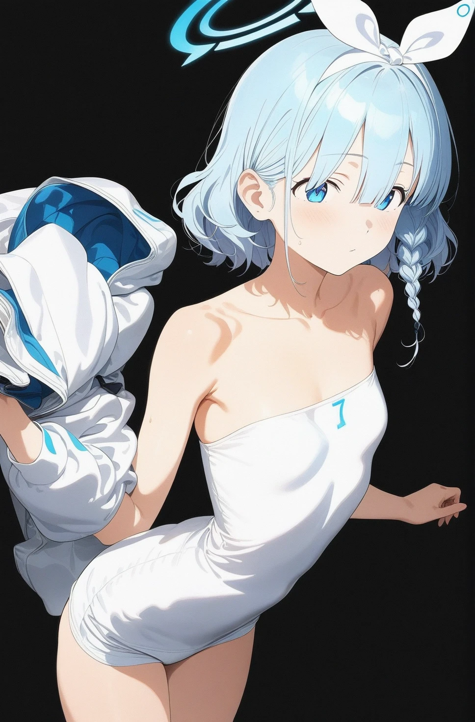 best quality, amazing quality, very aesthetic, absurdres, 1girl, arona (blue archive), blue archive, blue eyes, strapless, (artist official art:1.5), (realistic face), (narrowed eyes), (from above:0.7), (cowboy shot:2), (concept art:1.5), panties, (thigh), expressive eyes, perfect face, 4k, extremely detailed anime illustration, extremely detailed eyes, enhanced details, perfect anatomy, light rays, photo background, extremely delicate body, smooth skin, feminine expression, (black background:2), cristal clear eyes, beautiful face,
