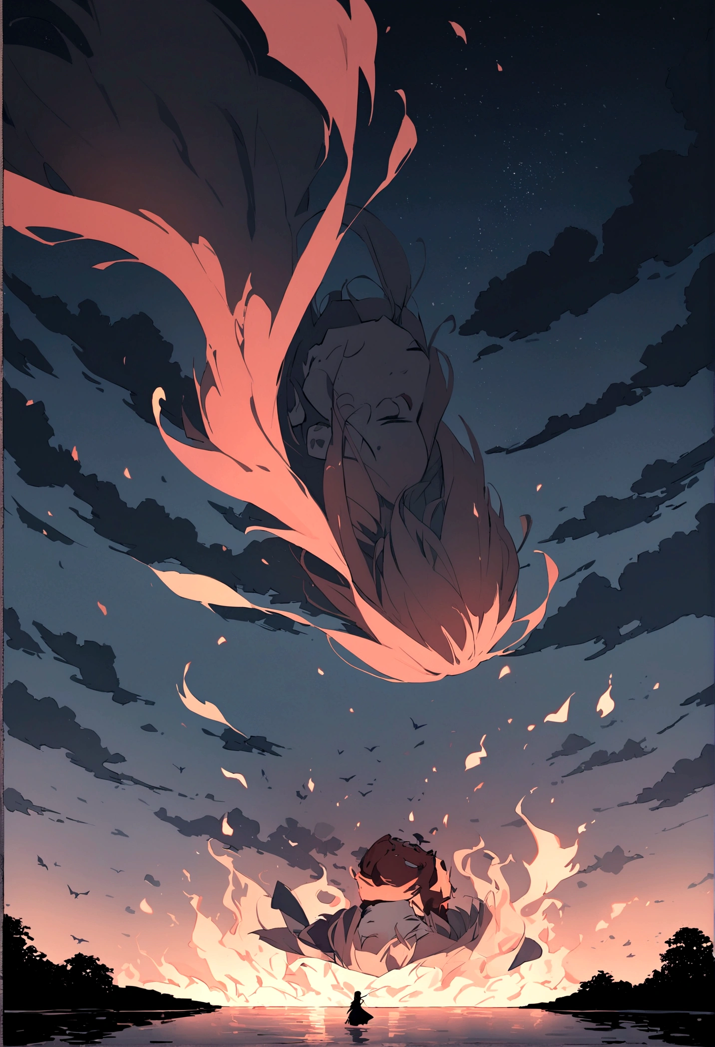 A man's severed head is flying over the river in the night sky。Flames flicker around the severed head.。Set the background to a tranquil rural landscape with a dark night sky。The wind is blowing、The wind is blowing