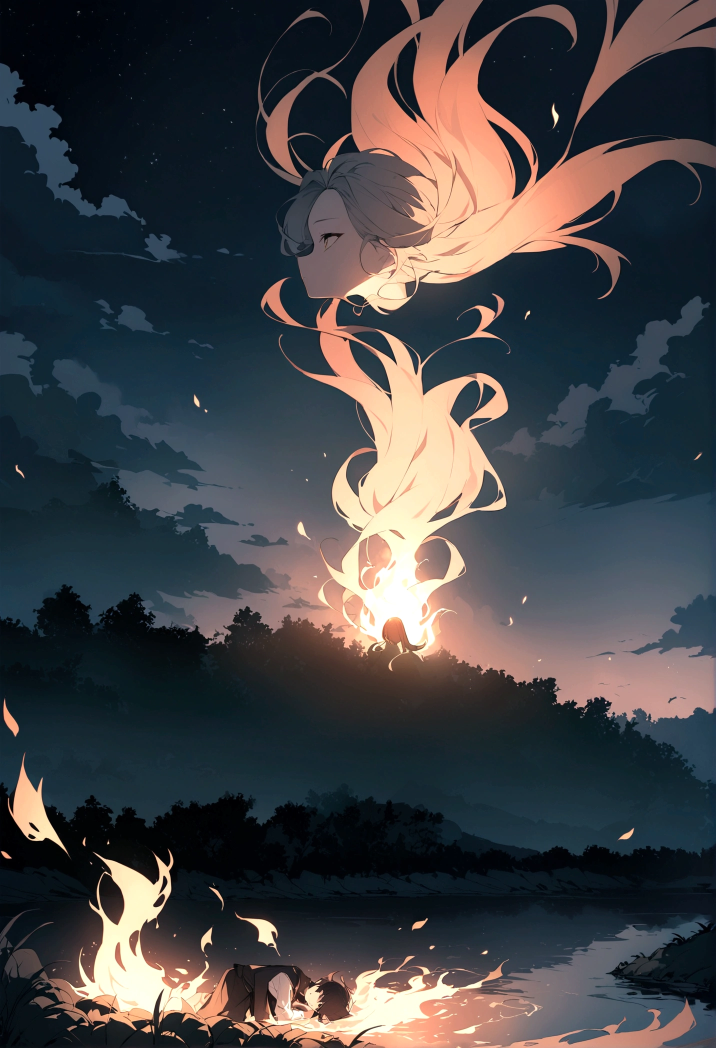 A man&#39;s severed head is flying over the river in the night sky。Flames flicker around the severed head.。Set the background to a tranquil rural landscape with a dark night sky。The wind is blowing、The wind is blowing