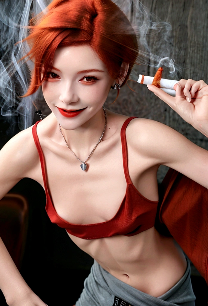 (((skinny woman))), (((smoking a cigarette))), milf, best quality, (nsfw:1.3), highres, short hair, sidelocks, (big smile:1.1), ((((small breasts)))), (((sagging breasts))), necklace, ear rings, (((redhead))), parisian bar, realistic rendering, pnotorealistic style