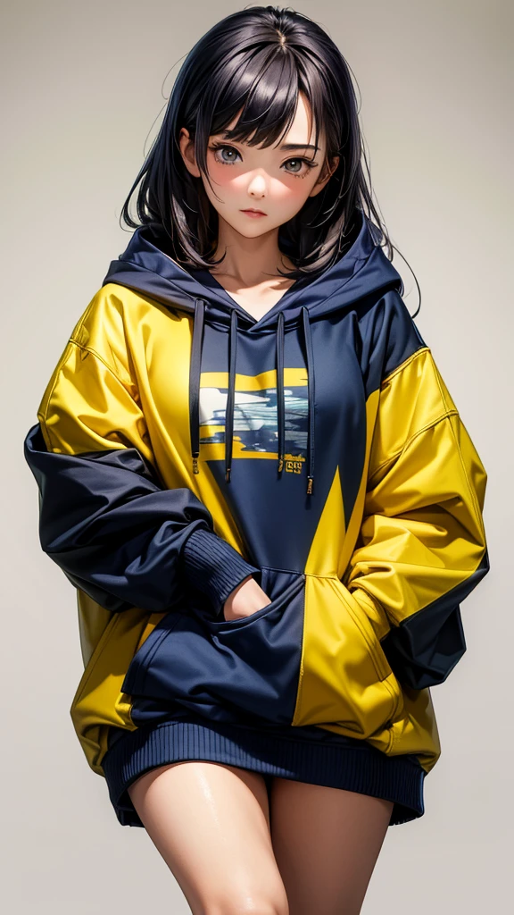 (masterpiece, highest quality, highest resolution, distinct_image, detailed details) A woman, 28 yo, wearing oversized hoodie combination of dark blue and yellow, hoodie design