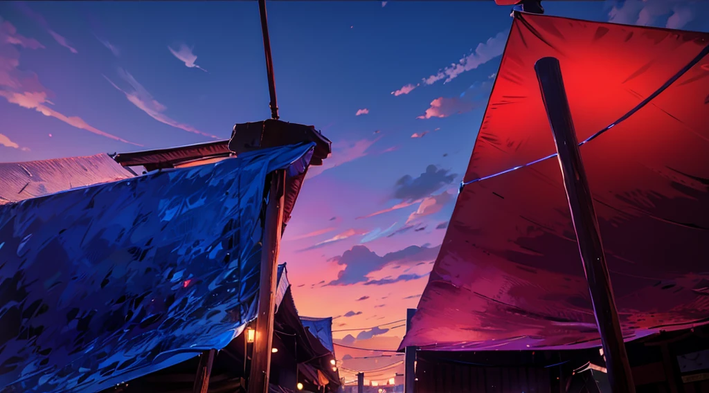 (under tarp canopy, wooden pole, under the market tents, under the canopies), wire, buildings roofs farr away, low angle, dawn sky, daybreak,
