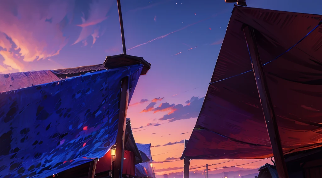 (under tarp canopy, wooden pole, under the market tents, under the canopies), wire, buildings roofs farr away, low angle, dawn sky, daybreak,