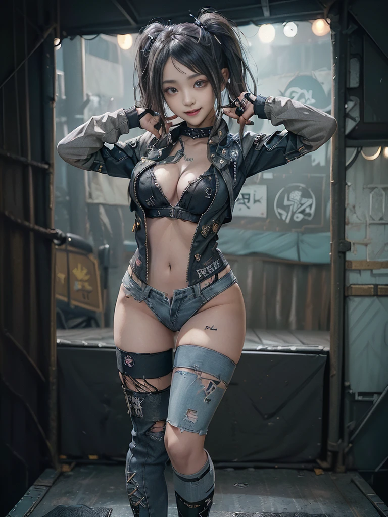(Full Body View:1.3)、(Side view:1.1)、(Smiling with teeth showing:1.3),(Shibuya Gal:1.5)、(Costume of the hostess:1.4)、(Neo-goth fashion:1.4)、(Punk RockVisual Kei:1.4)、(A modern short jacket in khaki, turquoise and dark navy.:1.5)、(Tattered brown, charcoal and navy denim bodysuit:1.5)、(Mustard Yellow Headband:1.3)、(Charcoal and khaki striped knee socks:1.4)、collar、White long boots、(We sell patterned underwear with logos.:1.4)、20-year-old、NSFW,((Highest quality、In 8K、masterpiece:1.3))、Sharp focus:1.2、(Layered Cut、Huge boobs:1.1),Beautiful woman with perfect figure:1.4、(Doing an aerobics pose:1.3)、(Open legs:1.3)、(Raise your arms:1.2)、(Open your crotch:1.3)、Slender Abs:1.2、Butt、Highly detailed face and skin texture、Detailed eyes、double eyelid,(Twin tails:1.3)、(Dark grey hair:1.3)、Dynamic Pose、Obscene pose、Humiliating pose、Gravure idol、(A gorgeous sunny fashion show stage:1.3)、(Make your legs thinner:1.4)、(Slim body:1.3)、(clavicle:1.1)