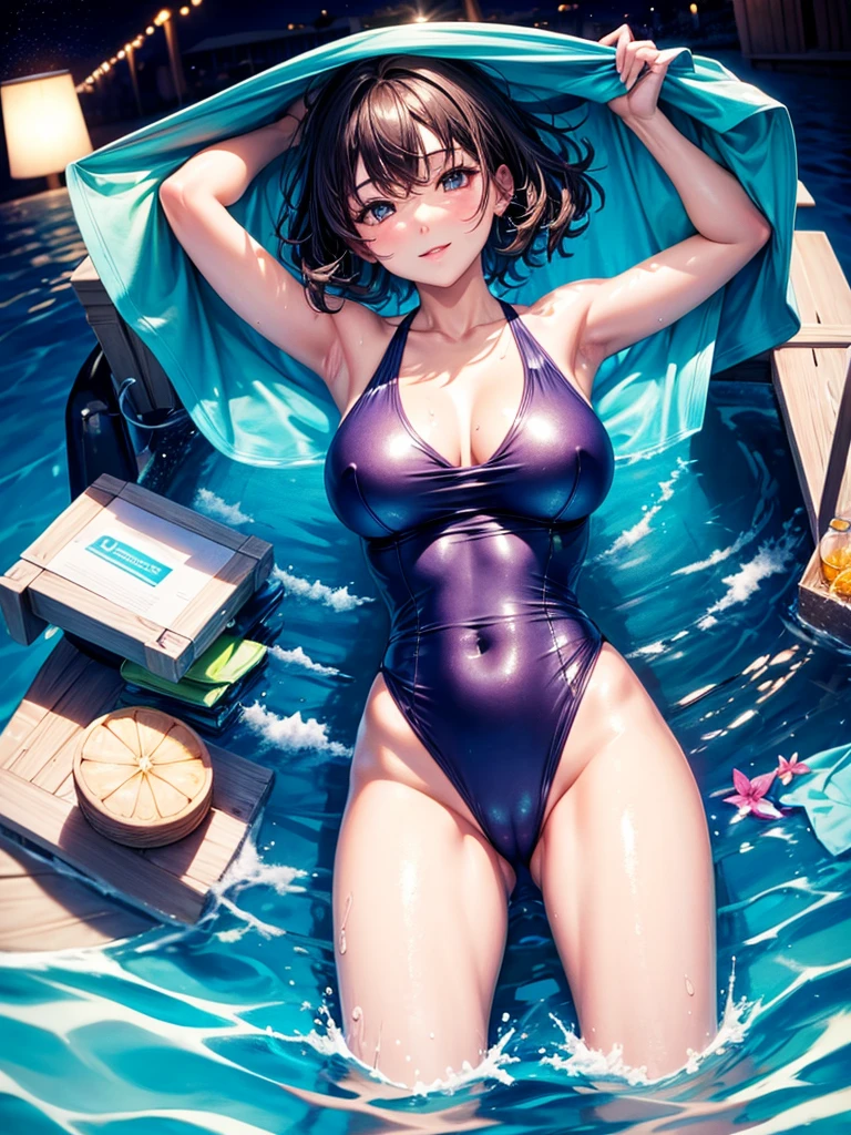 Highest quality,Highest Resolution,A woman in a swimsuit happily swimming in the pool at night,Less exposure,