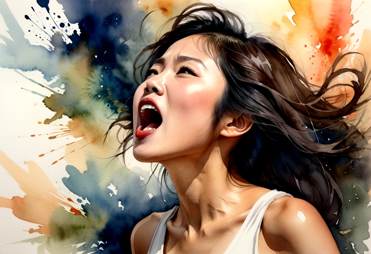 Side view of a young Asian woman,His mouth opened wide and he shouted loudly in anger...,watercolor,abstract art,greatly exaggerated