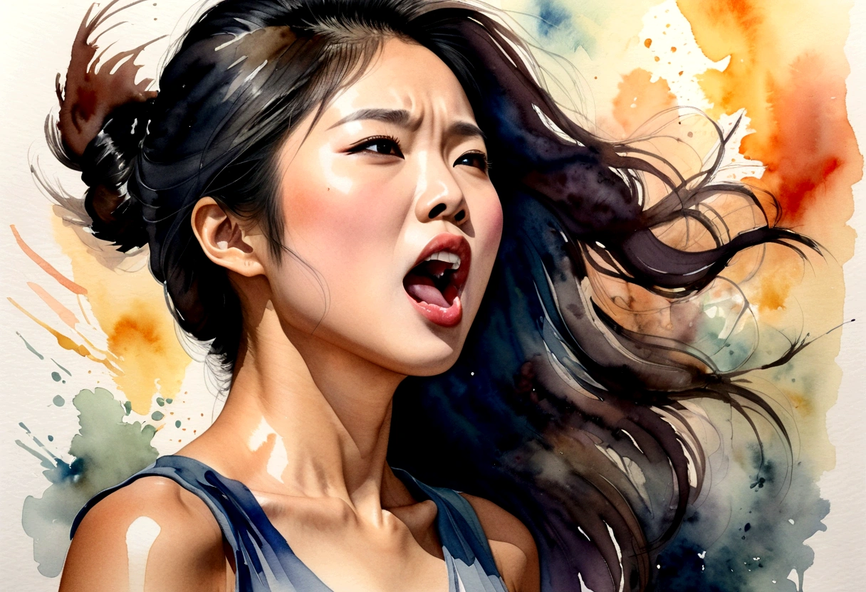 Side view of a young Asian woman,His mouth opened wide and he shouted loudly in anger...,watercolor,abstract art,greatly exaggerated