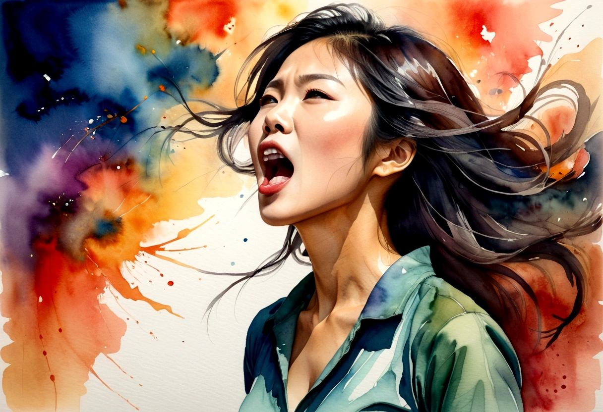 Side view of a young Asian woman,His mouth opened wide and he shouted loudly in anger...,watercolor,abstract art,greatly exaggerated