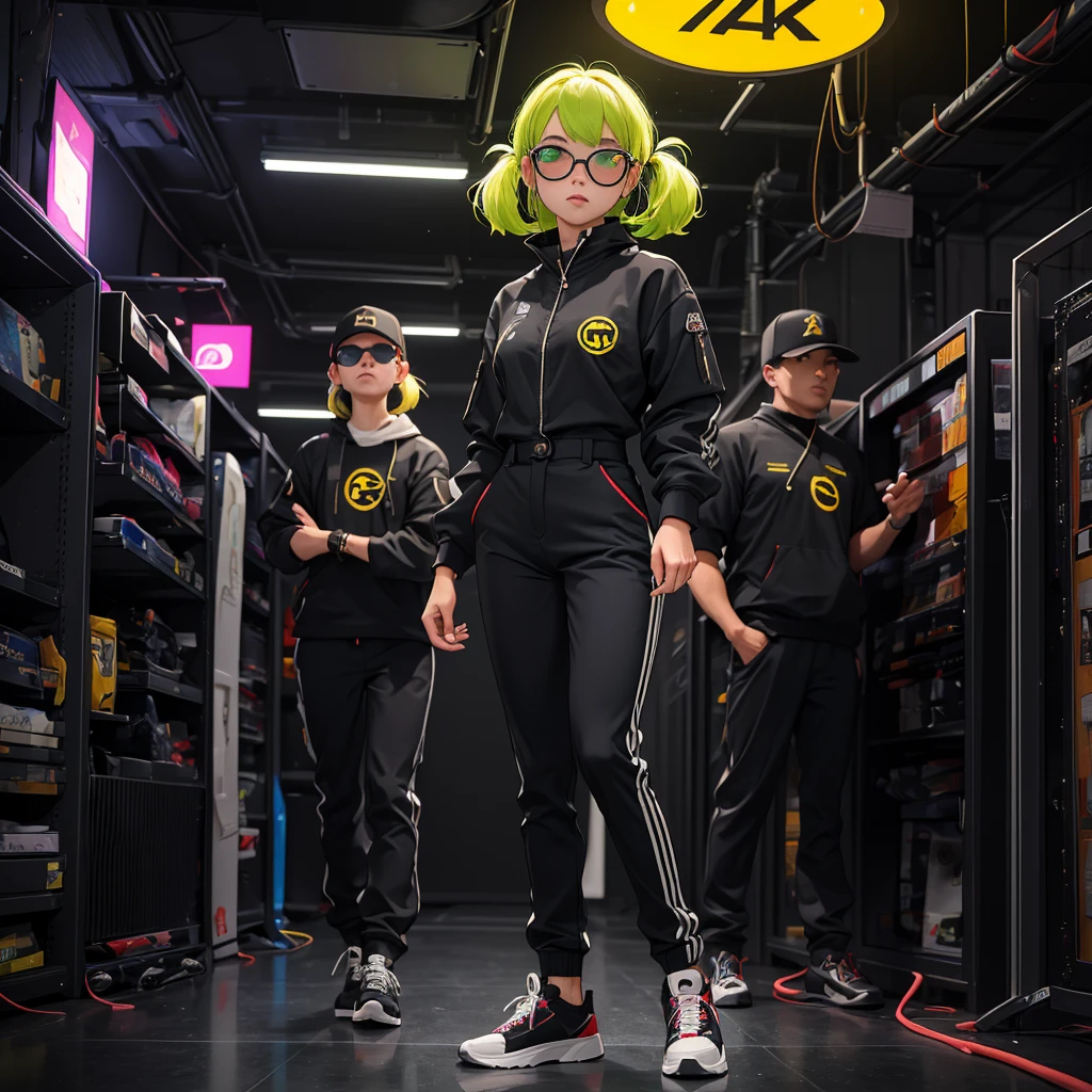 Black workwear jumpsuit、Costume with glowing yellow-green linesを着た女性, cyber punk, Hard Rock Metal, Mosh Pit, (Highest quality,4K,8K,High resolution,masterpiece:1.2),Live Stage、Costume with glowing yellow-green lines、Large sunglasses,Punkish hairstyle、Full body portrait
