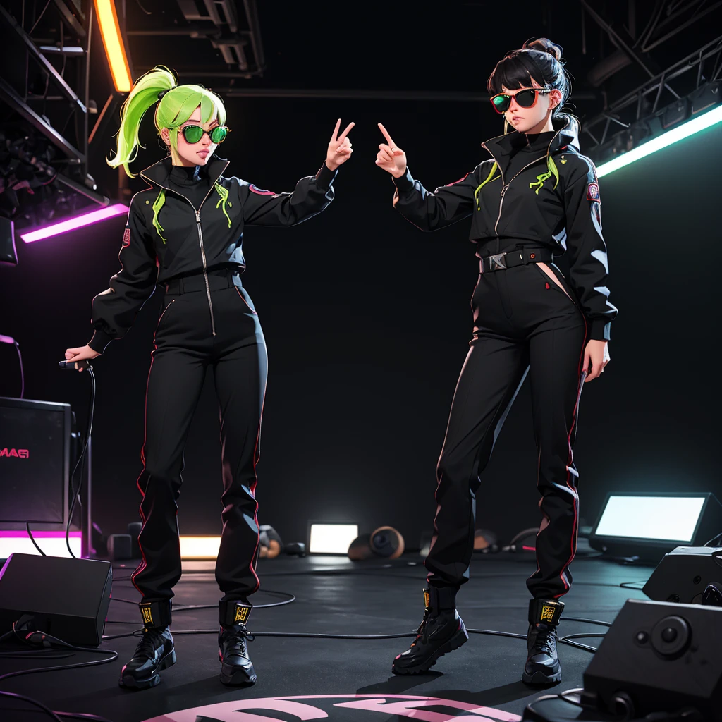 Black workwear jumpsuit、Costume with glowing yellow-green linesを着た女性, cyber punk, Hard Rock Metal, Mosh Pit, (Highest quality,4K,8K,High resolution,masterpiece:1.2),Live Stage、Costume with glowing yellow-green lines、Large sunglasses,Punkish hairstyle、Full body portrait
