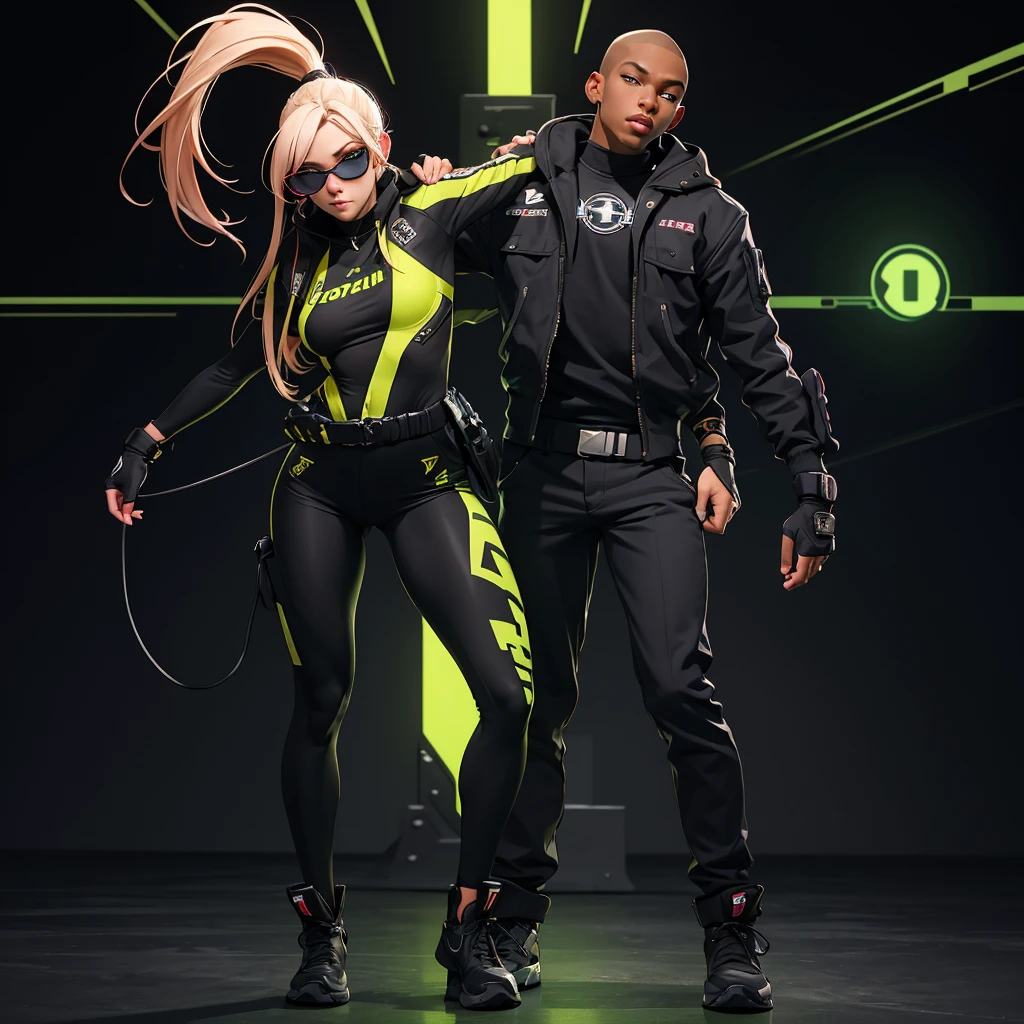 Black workwear jumpsuit、Costume with glowing yellow-green linesを着た女性, cyber punk, Hard Rock Metal, Mosh Pit, (Highest quality,4K,8K,High resolution,masterpiece:1.2),Live Stage、Costume with glowing yellow-green lines、Large sunglasses,Punkish hairstyle、Full body portrait
