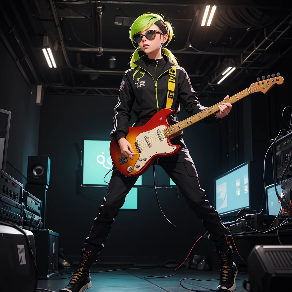 Black workwear jumpsuit、Costume with glowing yellow-green linesを着た女性, cyber punk, Hard Rock Metal, Mosh Pit, (Highest quality,4K,8K,High resolution,masterpiece:1.2),Live Stage、Costume with glowing yellow-green lines、Large sunglasses,Punkish hairstyle、Full body portrait
