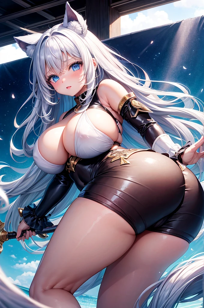 an eight years old girl. With huge and wide hips, big creamy thighs, round ass, blue eyes, long white hair, medium breasts.