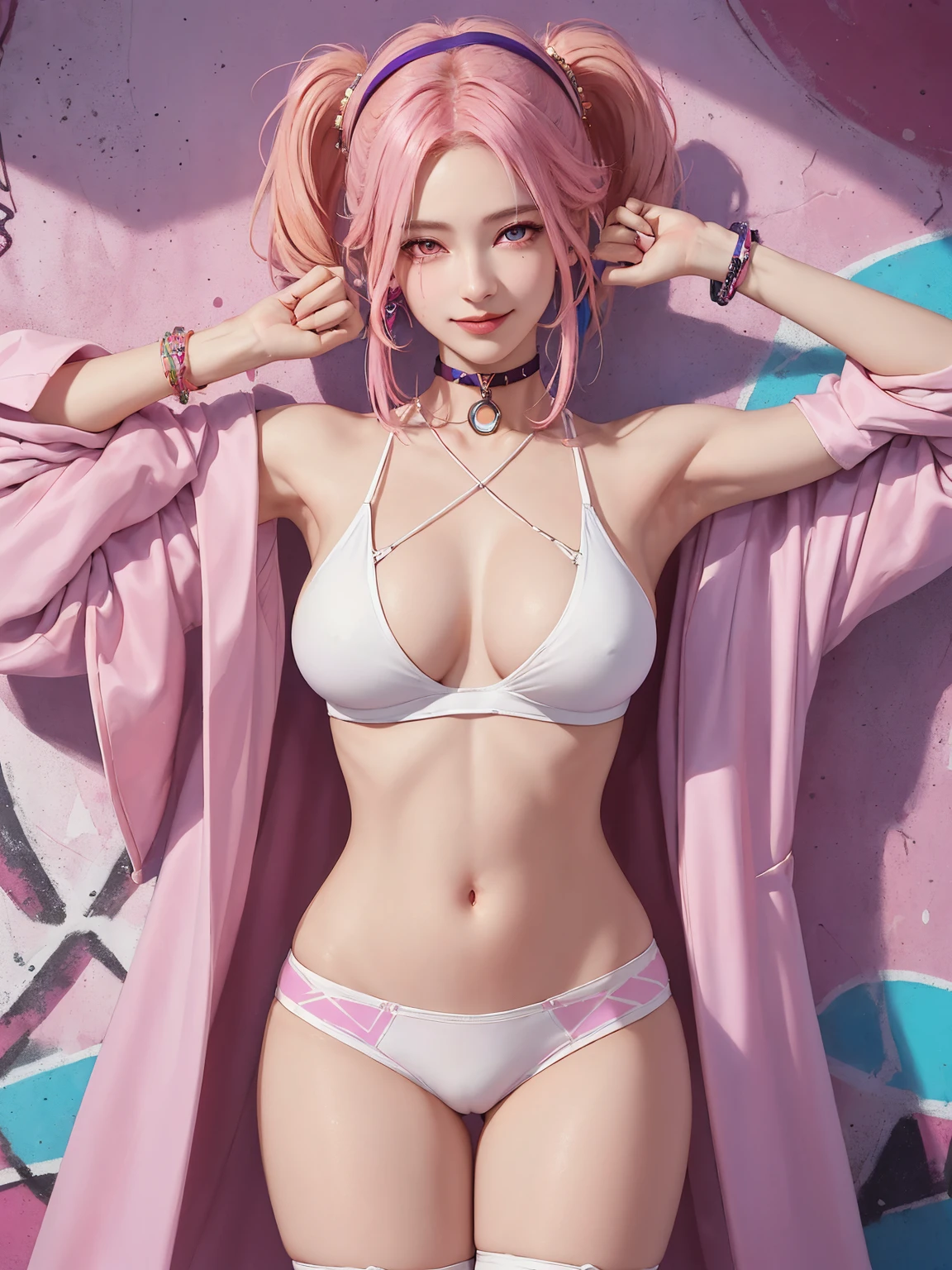 (Masterpiece, best quality, 1 girl, alone, complicated details, Chromatic aberration), realistic, ((Moderate breath)),long hair, pink hair, Red headpiece, Pink Highlights, hair on one eye,purple eyes, earring, sharp eyes, choker, Neon coat, She wears a collar, bangle, and kimono style garters., crop top, (symmetrical eyes),(Perfect symmetrical body),against the wall, Brick wall, (colorful graffiti words on the wall:1.2), The light is dim., alley ,Look at the viewer.、Dig the chest、smile、(sleeveless、Navel touch、Fitted turtleneck.)、street string hot pants、Thin bottom、Please build above the eaves..、Thin shoulders、in underwear、