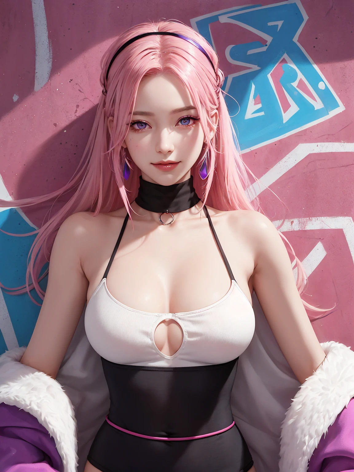 (Masterpiece, best quality, 1 girl, alone, complicated details, Chromatic aberration), realistic, ((Moderate breath)),long hair, pink hair, Red headpiece, Pink Highlights, hair on one eye,purple eyes, earring, sharp eyes, choker, Neon coat, She wears a collar, bangle, and kimono style garters., crop top, (symmetrical eyes),(Perfect symmetrical body),against the wall, Brick wall, (colorful graffiti words on the wall:1.2), The light is dim., alley ,Look at the viewer.、Dig the chest、smile、(sleeveless、Navel touch、Fitted turtleneck.)、street string hot pants、Thin bottom、Please build above the eaves..、Thin shoulders、in underwear、