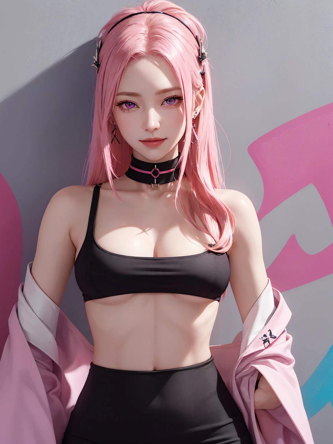 (Masterpiece, best quality, 1 girl, alone, complicated details, Chromatic aberration), realistic, ((Moderate breath)),long hair, pink hair, Red headpiece, Pink Highlights, hair on one eye,purple eyes, earring, sharp eyes, choker, Neon coat, She wears a collar, bangle, and kimono style garters., crop top, (symmetrical eyes),(Perfect symmetrical body),against the wall, Brick wall, (colorful graffiti words on the wall:1.2), The light is dim., alley ,Look at the viewer.、Dig the chest、smile、(sleeveless、Navel touch、Fitted turtleneck.)、street string hot pants、Thin bottom、Please build above the eaves..、Thin shoulders、in underwear、