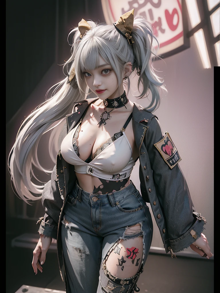 (Full Body View:1.2)、(Side view:1.1)、(Beautiful face:1.3)、(Smiling with teeth showing:1.3),(Shibuya Gal:1.5)、(Beverly Hills Whore:1.4)、(Neo-goth fashion:1.5)、(Punk RockVisual Kei:1.4)、(Modern white and red Barong:1.5)、(Tattered brown and charcoal denim bugle pants:1.5)、(Mustard Yellow Headband:1.3)、(Charcoal and khaki high heels:1.4)、collar、(We sell patterned underwear with logos.:1.4)、、NSFW,((Highest quality、In 8K、masterpiece:1.3))、Sharp focus:1.2、(Layered Cut、Huge boobs:1.1),Beautiful woman with perfect figure:1.4、(Open legs:1.3)、(Raise your arms:1.2)、(Open your crotch:1.3)、Slender Abs:1.2、Butt、Highly detailed face and skin texture、Detailed eyes、double eyelid,(Twin tails:1.3)、(White-gold hair:1.3)、Dynamic Pose、Obscene pose、Humiliating pose、Gravure idol、(luxury fashion show stage:1.3)、(Make your legs thinner:1.4)、(Slim body:1.3)、(clavicle:1.1)