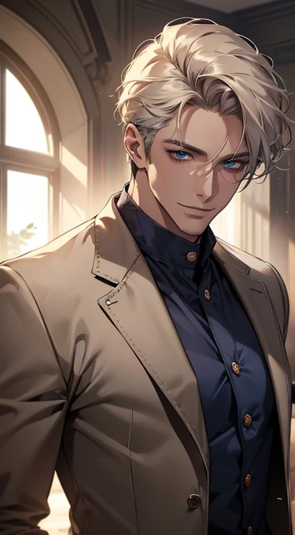 (best quality, masterpiece, 8K, photorealistic, cinematic lighting, hdr image, ultra detailed, beautiful image), a mature man, very handsome, smile, short grey golden hair, blue eyes, perfect face without errors, ((buttoning the jacket, CEO))