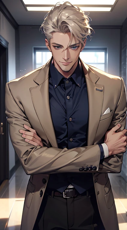 (best quality, masterpiece, 8K, photorealistic, cinematic lighting, hdr image, ultra detailed, beautiful image), a mature man, very handsome, smile, short grey golden hair, blue eyes, perfect face without errors, ((buttoning the jacket, CEO))