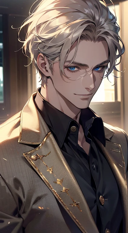 (best quality, masterpiece, 8K, photorealistic, cinematic lighting, hdr image, ultra detailed, beautiful image), a mature man, very handsome, smile, short grey golden hair, blue eyes, perfect face without errors, ((buttoning the jacket, CEO))