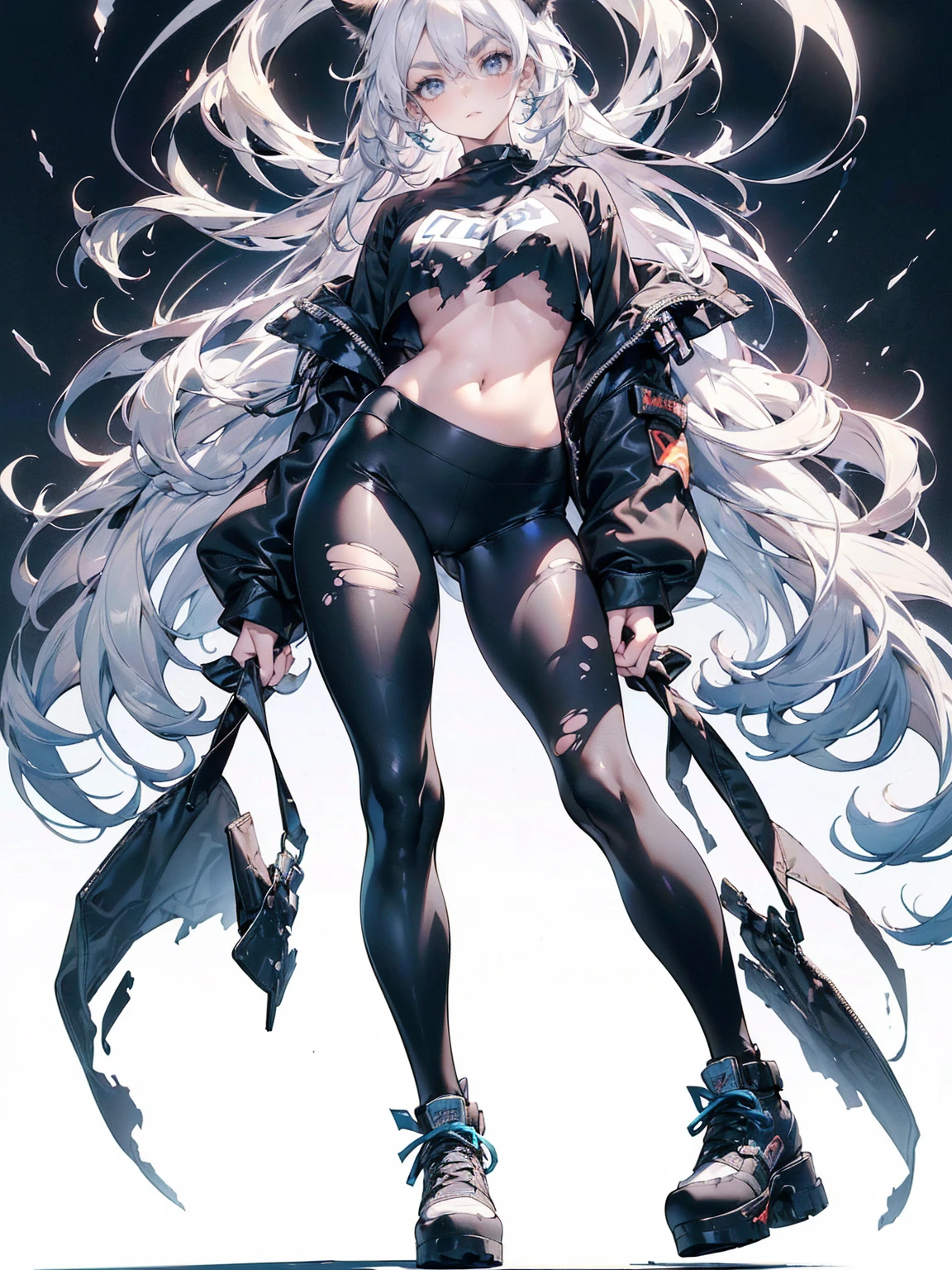 (White Hair Girl), (Thick, dark blue eyebrows:1.4), (Dark blue eyebrows:1.7), (Thick eyebrows:1.3), (Huge black fluffy animal ears:1.1), (Black animal ears:1.1), BREAK, (((Mesh Stitching Crop T-Shirt, Cutout Long Sleeve Top))),BREAK, (Big Breasts:1.2, Thick legs, Adult female body, Sturdy body:1.2), ((full body:1.7, Contrapposto:1.5)), (sharp eyes, Ultra-high definition CG, Precisely designed costumes, 4K, 8K, Ultra-high definition CG, Precisely designed costumes, Clear lines, Expressive and Captivating Eyes, Fine Details and Realistic Textures, cinematic lighting), ((white background)), BREAK, (Wearing black leggings with holes), Skinny sleeves, (Torn and holey leggings:1.2)(Black leggings:1.4), (過剰なRuggedThick soleブーツを履いています:1.2), (Thick sole:1.5), (Big shoes:1.3), ((Beam SE, embarrassed))　