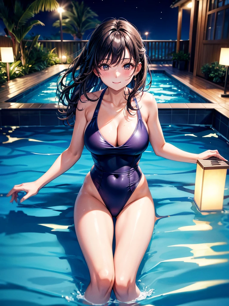 Highest quality,Highest Resolution,A woman in a swimsuit happily swimming in the pool at night,Less exposure,