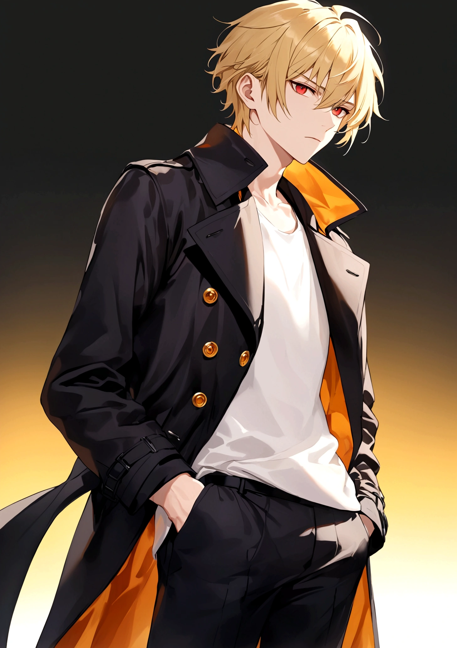 expressionless,Hands in pockets,Exquisite facial features,blond，Red eyes，Young male，Black trench coat