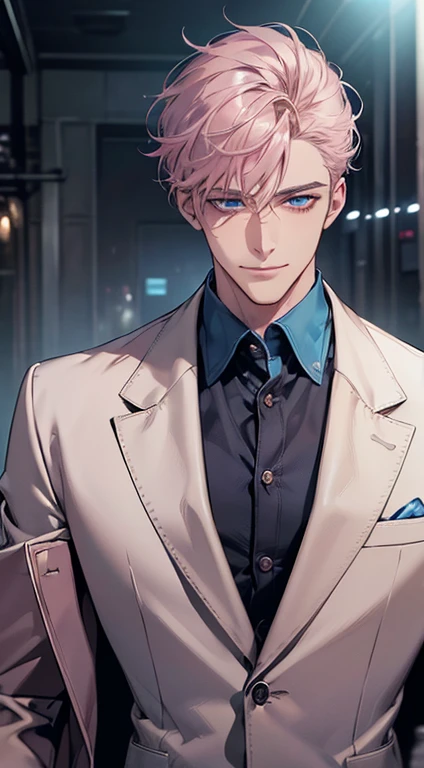 (best quality, masterpiece, 8K, photorealistic, cinematic lighting, hdr image, ultra detailed, beautiful image), a mature man, very handsome, smile, short grey pink hair, blue eyes, perfect face without errors, ((buttoning the jacket, CEO))