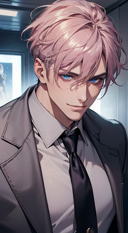(best quality, masterpiece, 8K, photorealistic, cinematic lighting, hdr image, ultra detailed, beautiful image), a mature man, very handsome, smile, short grey pink hair, blue eyes, perfect face without errors, ((buttoning the jacket, CEO))
