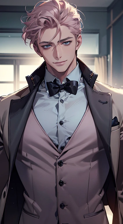 (best quality, masterpiece, 8K, photorealistic, cinematic lighting, hdr image, ultra detailed, beautiful image), a mature man, very handsome, smile, short grey pink hair, blue eyes, perfect face without errors, ((buttoning the jacket, CEO))
