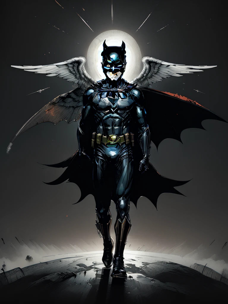 a highly detailed, photorealistic depiction of Batman, wearing a vibrant and colorful dark costume, with an angular, full body pose, and a completely covered face obscuring his identity, glowing eyes shining through the darkness, angelic black wings, red colorful backgriund