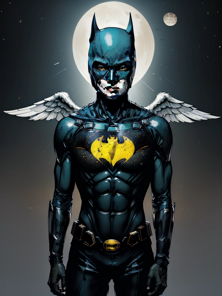 a highly detailed, photorealistic depiction of Batman, wearing a vibrant and colorful dark costume, with an angular, full body pose, and a completely covered face obscuring his identity, glowing eyes shining through the darkness, angelic black wings, red colorful backgriund