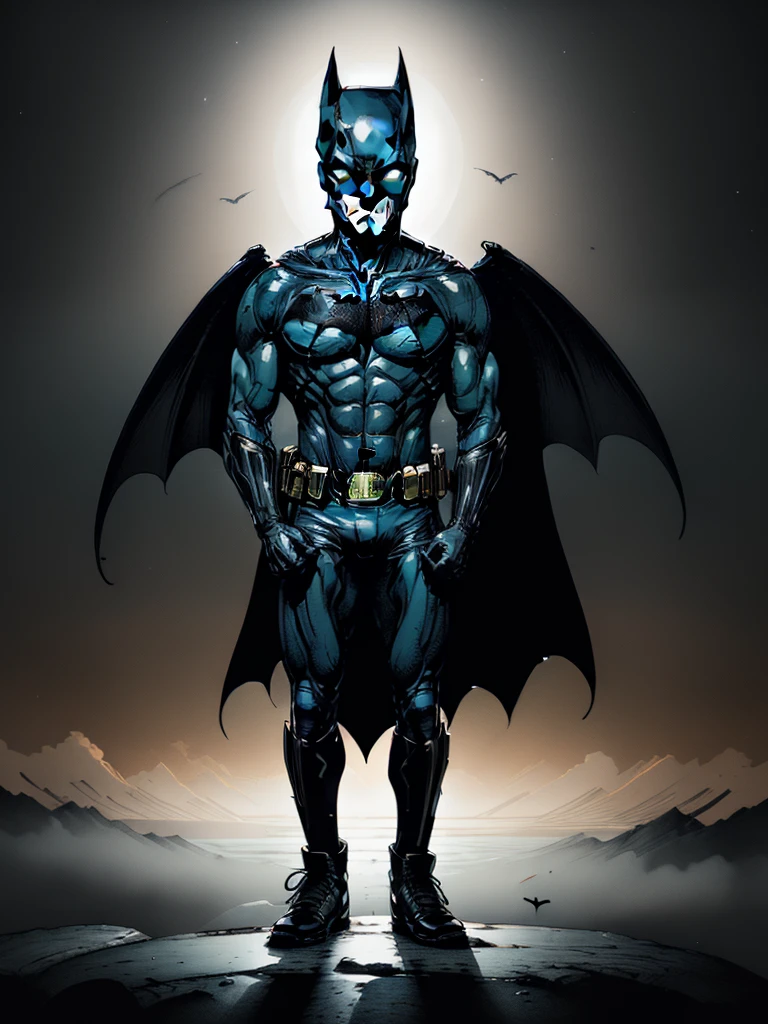 a highly detailed, photorealistic depiction of Batman, wearing a vibrant and colorful dark costume, with an angular, full body pose, and a completely covered face obscuring his identity, glowing eyes shining through the darkness, angelic black wings, red colorful backgriund