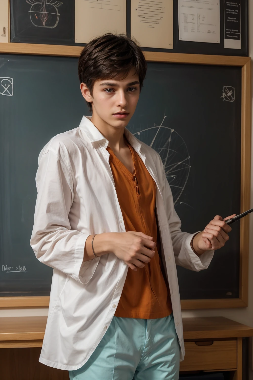 A beautiful young male twink, cute, with black hair, a face with reddish make-up, wearing a bright white long-sleeved shirt and aqua blue pants. He is in his office, and behind him is a blackboard on which is written the shape of the brain and its anatomy, from which nuclear energy emerges, and in his hand is a paper sheet with manuscripts on it. The phrase “The Greatest Mind.”