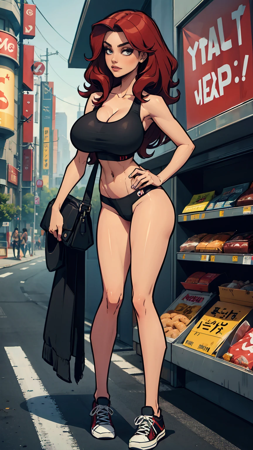 1 woman, , wavy red hair, sly face , black tank top, black panties , abdomen , big breasts , Long legs , Put your hands on your hips. , canvas shoes , convenience store