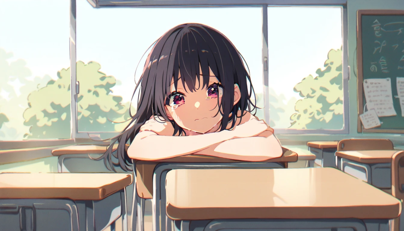 One girl with black bob hair、Completely naked、Standing posture、classroom、Shyness、Crying face、resistance、fear