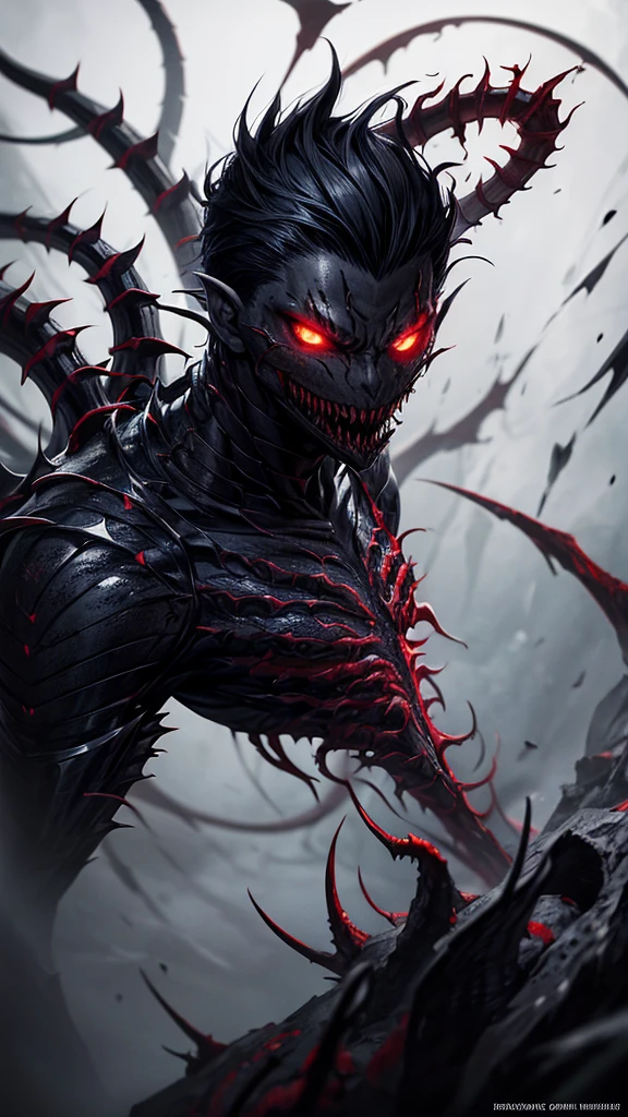 1 boy, , venom symbiote body, piercing red eyes, black hair, intricate detailed face, sharp teeth, dramatic lighting, dark fantasy style, cinematic composition, moody atmosphere, digital art