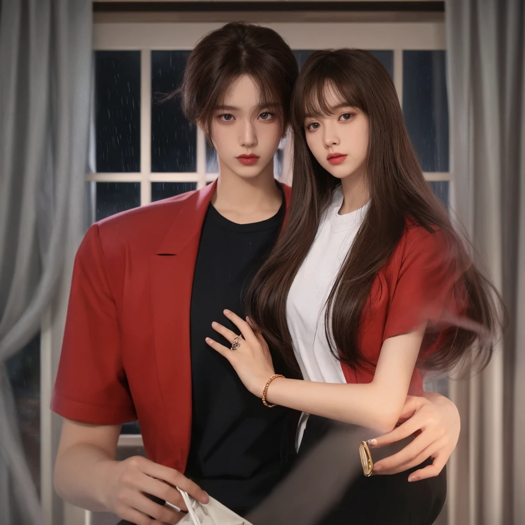 Girl, brown eyes, big eyes, pretty lips, waist-length hair, painted on the back, with Suga from BTS next to her, the two of them together in a park, sitting.