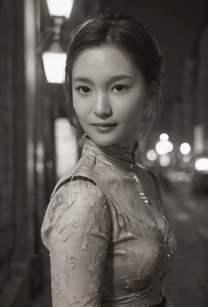 1fille, sourire, Rue de Tokyo, Nuit, Cityscape, city lights, Haut du corps, A Victorian-era woman poses for a head and shoulder portrait in a photograph style. Sepia tones, 19th-century aesthetics large belt tight, posing James Bond girl, jambes ouvertes, victorian blouse dress open, thigh gap grand, clivage, very wide hips, mains sur les hanches, sexy, Closeup, 8k, Photo brute, Highest quality, Masterpiece, Realstic, photoRealstic,