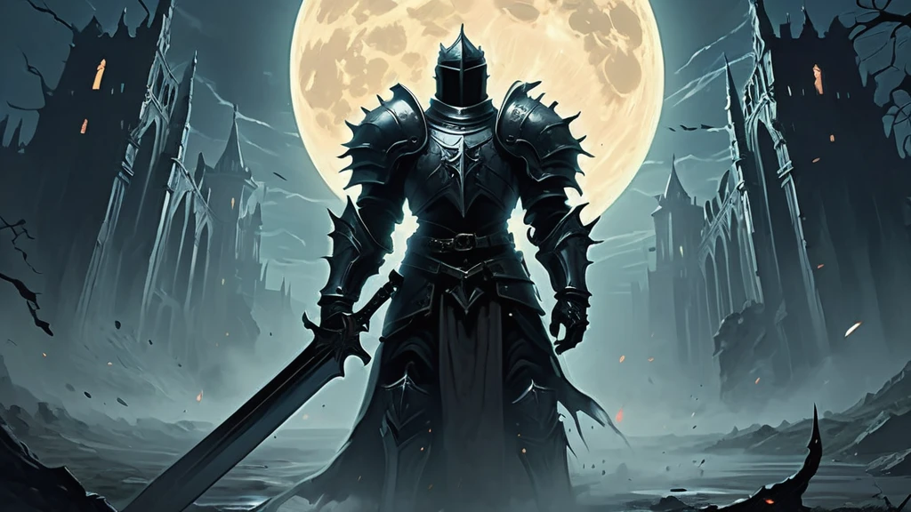 Amidst the chaos of a moonlit battlefield, where the air is thick with the acrid scent of blood and smoke, stands a lone medieval knight clad in tarnished armor. His imposing figure is illuminated by the eerie glow of an otherworldly full moon, casting long, haunting shadows over the war-torn landscape. The ground beneath his feet is littered with the fallen, their lifeless bodies partially obscured by a swirling fog that clings to the earth like a shroud.

The knight's armor, once gleaming with the pride of his order, is now dented and scarred, bearing the marks of countless battles against both mortal foes and eldritch horrors. In his gauntleted hand, he grips a massive sword, its blade etched with runes that pulse with a faint, malevolent light. His face, hidden behind a visor, reveals only his piercing eyes—eyes that burn with determination and the weight of a grim destiny.

Surrounding him, the remnants of his warband clash with monstrous creatures that have emerged from the depths of the Abyss—twisted abominations with eyes that gleam with a hunger for destruction. The dark sky above is rent with flashes of arcane lightning, illuminating the skeletal remains of ancient fortresses and the spectral forms of fallen warriors rising to join the fray.

In the distance, the silhouette of a cursed castle looms ominously, its towers reaching skyward like skeletal fingers clawing at the heavens. The castle's windows flicker with an unnatural light, hinting at the dark sorcery and malevolent forces that reside within its walls. As the knight advances, he knows that his final confrontation with the malevolent sorcerer who has unleashed this nightmare upon the world draws near.

In this dark medieval fantasy image, the knight's unwavering resolve and the epic struggle against insurmountable odds are captured in vivid detail, painting a scene of both heroic valor and the encroaching darkness that threatens to engulf the realm. The image tells a story of sacrifice, courage