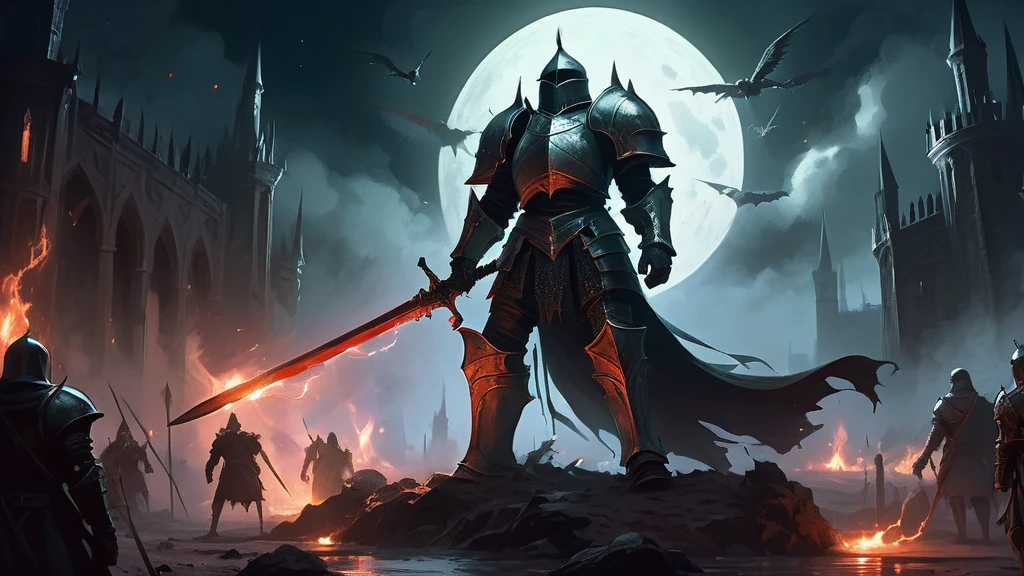 Amidst the chaos of a moonlit battlefield, where the air is thick with the acrid scent of blood and smoke, stands a lone medieval knight clad in tarnished armor. His imposing figure is illuminated by the eerie glow of an otherworldly full moon, casting long, haunting shadows over the war-torn landscape. The ground beneath his feet is littered with the fallen, their lifeless bodies partially obscured by a swirling fog that clings to the earth like a shroud.

The knight's armor, once gleaming with the pride of his order, is now dented and scarred, bearing the marks of countless battles against both mortal foes and eldritch horrors. In his gauntleted hand, he grips a massive sword, its blade etched with runes that pulse with a faint, malevolent light. His face, hidden behind a visor, reveals only his piercing eyes—eyes that burn with determination and the weight of a grim destiny.

Surrounding him, the remnants of his warband clash with monstrous creatures that have emerged from the depths of the Abyss—twisted abominations with eyes that gleam with a hunger for destruction. The dark sky above is rent with flashes of arcane lightning, illuminating the skeletal remains of ancient fortresses and the spectral forms of fallen warriors rising to join the fray.

In the distance, the silhouette of a cursed castle looms ominously, its towers reaching skyward like skeletal fingers clawing at the heavens. The castle's windows flicker with an unnatural light, hinting at the dark sorcery and malevolent forces that reside within its walls. As the knight advances, he knows that his final confrontation with the malevolent sorcerer who has unleashed this nightmare upon the world draws near.

In this dark medieval fantasy image, the knight's unwavering resolve and the epic struggle against insurmountable odds are captured in vivid detail, painting a scene of both heroic valor and the encroaching darkness that threatens to engulf the realm. The image tells a story of sacrifice, courage