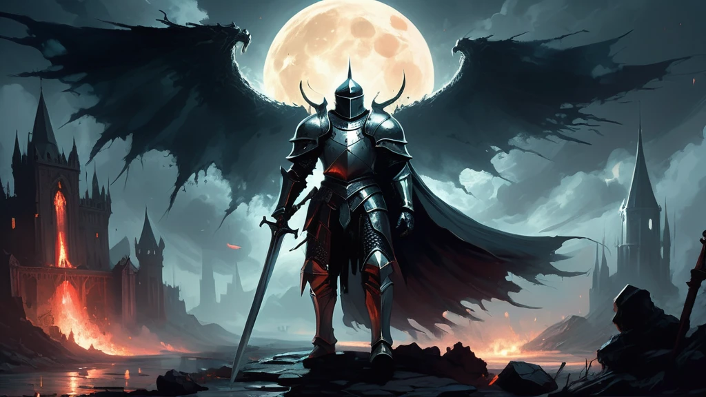 Amidst the chaos of a moonlit battlefield, where the air is thick with the acrid scent of blood and smoke, stands a lone medieval knight clad in tarnished armor. His imposing figure is illuminated by the eerie glow of an otherworldly full moon, casting long, haunting shadows over the war-torn landscape. The ground beneath his feet is littered with the fallen, their lifeless bodies partially obscured by a swirling fog that clings to the earth like a shroud.
The knight's armor, once gleaming with the pride of his order, is now dented and scarred, bearing the marks of countless battles against both mortal foes and eldritch horrors. In his gauntleted hand, he grips a massive sword, its blade etched with runes that pulse with a faint, malevolent light. His face, hidden behind a visor, reveals only his piercing eyes—eyes that burn with determination and the weight of a grim destiny.
Surrounding him, the remnants of his warband clash with monstrous creatures that have emerged from the depths of the Abyss—twisted abominations with eyes that gleam with a hunger for destruction. The dark sky above is rent with flashes of arcane lightning, illuminating the skeletal remains of ancient fortresses and the spectral forms of fallen warriors rising to join the fray.
In the distance, the silhouette of a cursed castle looms ominously, its towers reaching skyward like skeletal fingers clawing at the heavens. The castle's windows flicker with an unnatural light, hinting at the dark sorcery and malevolent forces that reside within its walls. As the knight advances, he knows that his final confrontation with the malevolent sorcerer who has unleashed this nightmare upon the world draws near.
In this dark medieval fantasy image, the knight's unwavering resolve and the epic struggle against insurmountable odds are captured in vivid detail, painting a scene of both heroic valor and the encroaching darkness that threatens to engulf the realm. The image tells a story of sacrifice, courage