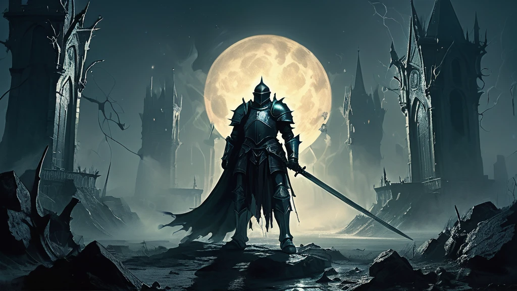 Amidst the chaos of a moonlit battlefield, where the air is thick with the acrid scent of blood and smoke, stands a lone medieval knight clad in tarnished armor. His imposing figure is illuminated by the eerie glow of an otherworldly full moon, casting long, haunting shadows over the war-torn landscape. The ground beneath his feet is littered with the fallen, their lifeless bodies partially obscured by a swirling fog that clings to the earth like a shroud.

The knight's armor, once gleaming with the pride of his order, is now dented and scarred, bearing the marks of countless battles against both mortal foes and eldritch horrors. In his gauntleted hand, he grips a massive sword, its blade etched with runes that pulse with a faint, malevolent light. His face, hidden behind a visor, reveals only his piercing eyes—eyes that burn with determination and the weight of a grim destiny.

Surrounding him, the remnants of his warband clash with monstrous creatures that have emerged from the depths of the Abyss—twisted abominations with eyes that gleam with a hunger for destruction. The dark sky above is rent with flashes of arcane lightning, illuminating the skeletal remains of ancient fortresses and the spectral forms of fallen warriors rising to join the fray.

In the distance, the silhouette of a cursed castle looms ominously, its towers reaching skyward like skeletal fingers clawing at the heavens. The castle's windows flicker with an unnatural light, hinting at the dark sorcery and malevolent forces that reside within its walls. As the knight advances, he knows that his final confrontation with the malevolent sorcerer who has unleashed this nightmare upon the world draws near.

In this dark medieval fantasy image, the knight's unwavering resolve and the epic struggle against insurmountable odds are captured in vivid detail, painting a scene of both heroic valor and the encroaching darkness that threatens to engulf the realm. The image tells a story of sacrifice, courage