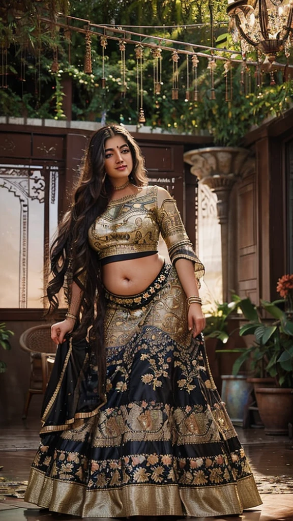 (masterpiece oil painting:1.3) of a (solo:1.3) ravishing sexy curvy chubby tall supermodel Rambha as elegant bride, in a flower garden venue, wearing ethereal black lehenga and blouse, navel, with embroidered angel wings, lavish flower decorations, intricate henna tattoos,, (ravishing long wavy backlit hair), (enchanting daylight:1.2), (intricate kohl lined eyes:1.3), (adorable smile:1.3) soft dramatic lighting, flower everywhere, backlit, light rays, highly detailed, trending on artstation, paint splashes, rich colour, fantasy portrait, by atey ghailan & Annie Leibovitz,,(big booty) (face here) Plus size bbw big ,grass, (wide booty)insanely inflated hips,Thick body ,fat body , curve shap body, widest hips , thick hips ,widest breast, thick breast