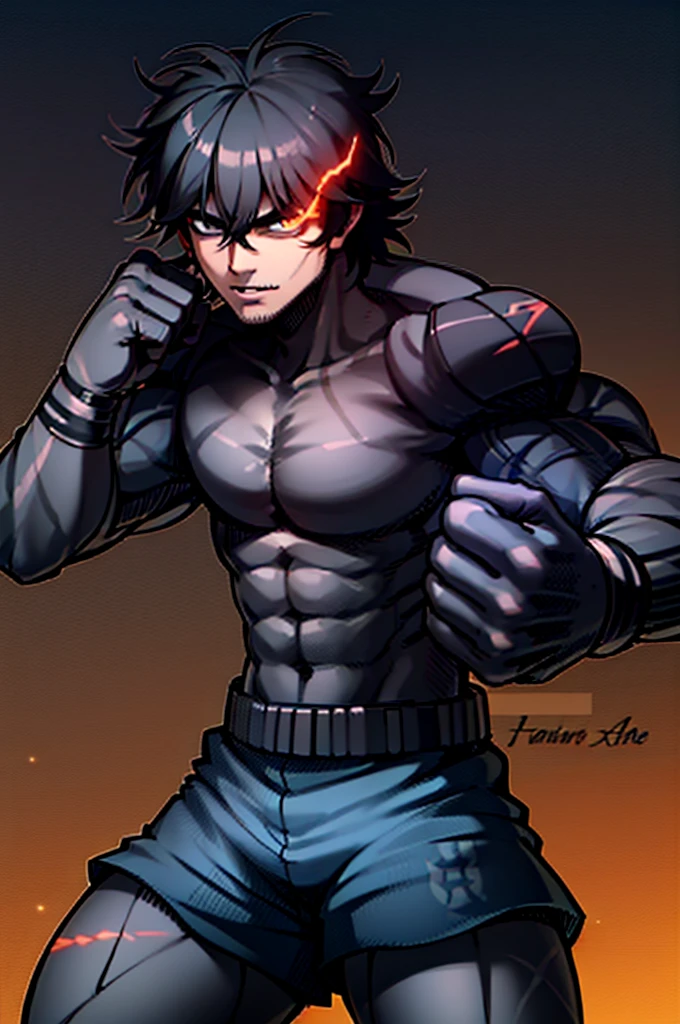 ((anime style art)) full body, long rainbow hair, of a shirtless, gigantic, style of anime, Bright yellow skin, huge bulge, 8-pack abs, Super muscular, white background, punching, scream, erotic, ripped clothes, extremely masculine muscular character, giant, tall, bodybuilder, future city AS