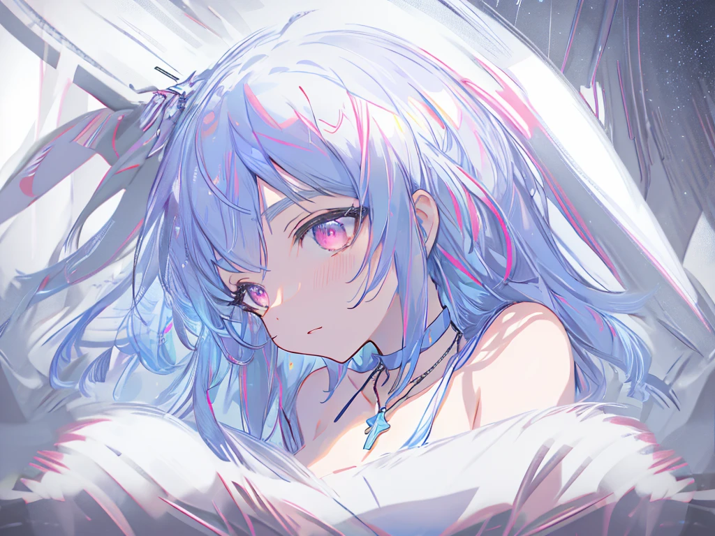 8k wallpaper,tmasterpiece,cinmatic lighting,top Quority,illustratio,Dramatic angles,((a color:1.1)),((Colored inner hair:1.4)),
1girll, solo, long blue hair, SakuraNS, Pink eyes, Cross necklace, parted lip, a white choker, liquid hair, Light blue hair, By bangs, By bangs, From the side Side, contours, The upper part of the body, blue hairs, simple backgound, pink back ground, exposed bare shoulders, sportrait, looking at viewert, white dresses, hairsbetweeneyes, colorfulhair, Galaxy Background, Nebula, 耳Nipple Ring,jewely, majestic space creature