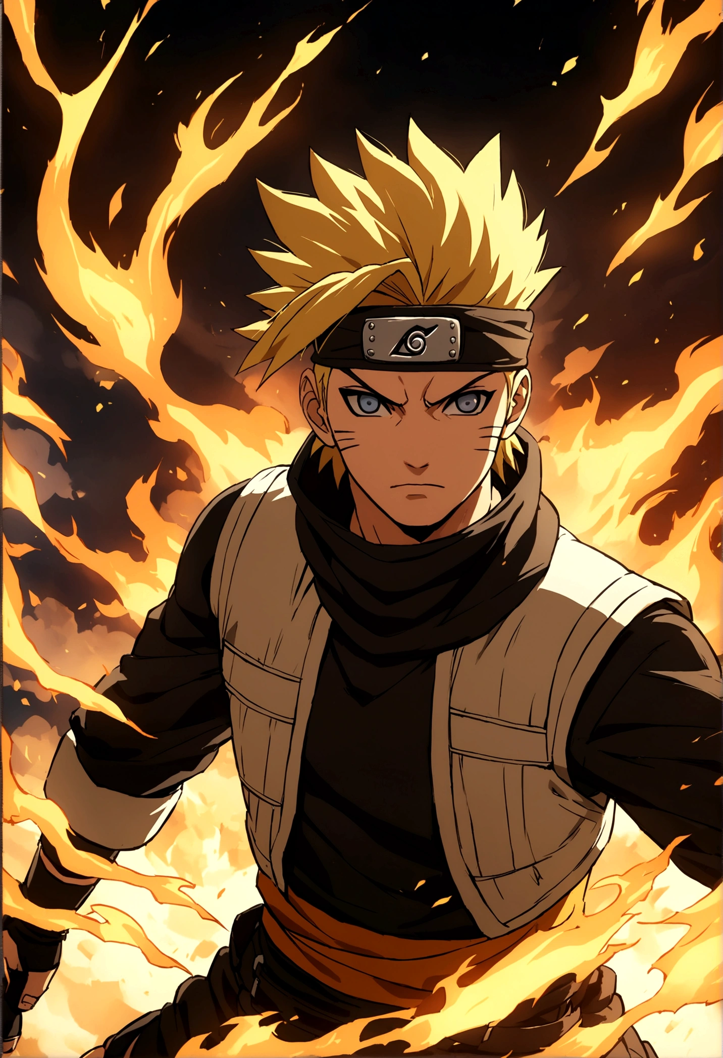 An anime fighter, assasin outfit, fire around him, short high fade hair, blonde hair, naruto anime style